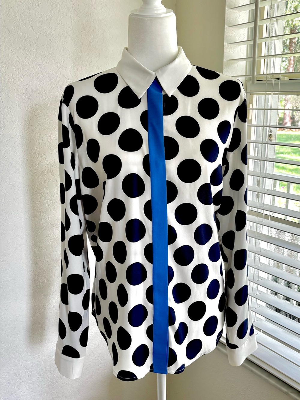 Ann Taylor Silky White Blouse with Navy Polka Dots and Blue Placket
